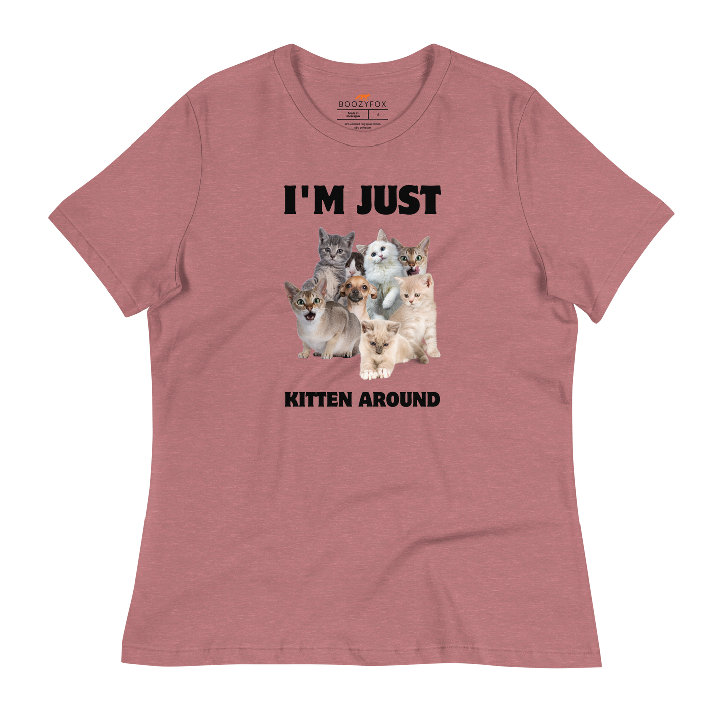 Women's Relaxed Heather Mauve Cat T-Shirt featuring an I'm Just Kitten Around graphic on the chest - Funny Graphic Cat Tees - Boozy Fox
