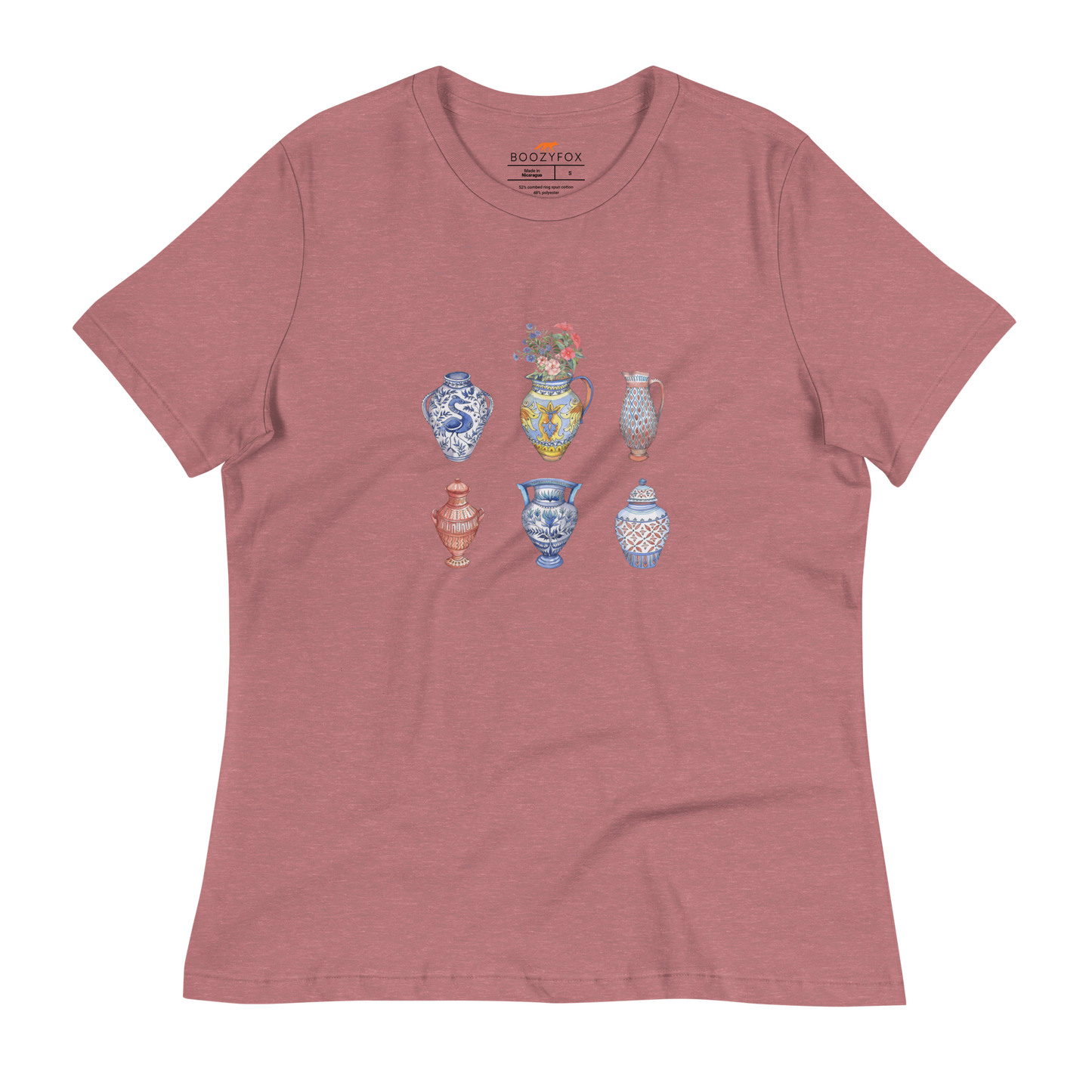 Women's relaxed heather mauve Vase t-shirt featuring a chic vase graphic on the chest - Women's Artsy Graphic Vase Tees - Boozy Fox