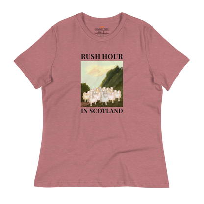 Women's Relaxed Heather Mauve Sheep T-Shirt featuring a comical Rush Hour In Scotland graphic on the chest - Artsy/Funny Graphic Sheep Tees - Boozy Fox