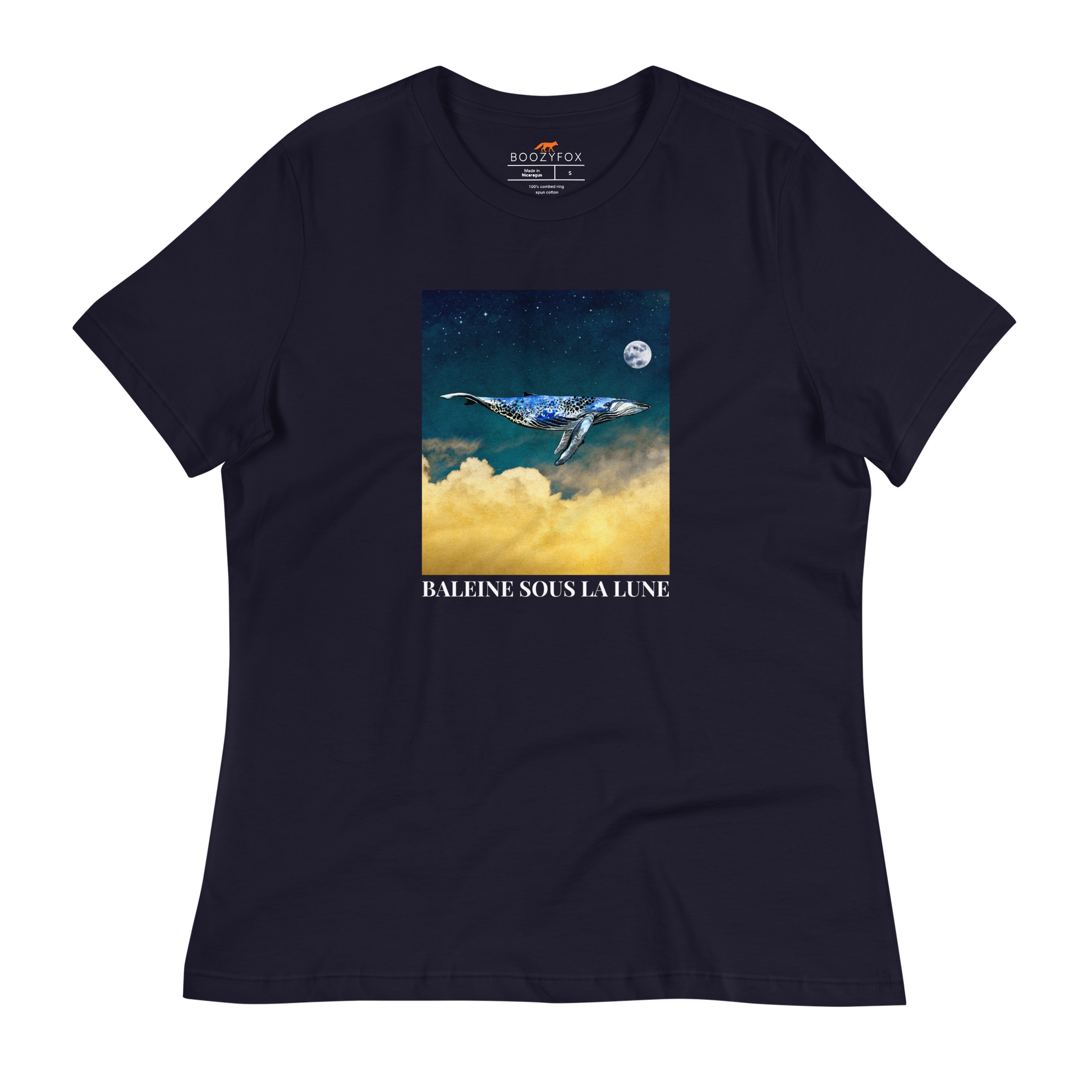 Women's relaxed navy whale t-shirt featuring a majestic Whale Under The Moon graphic on the chest - Women's Graphic Whale Tees - Boozy Fox
