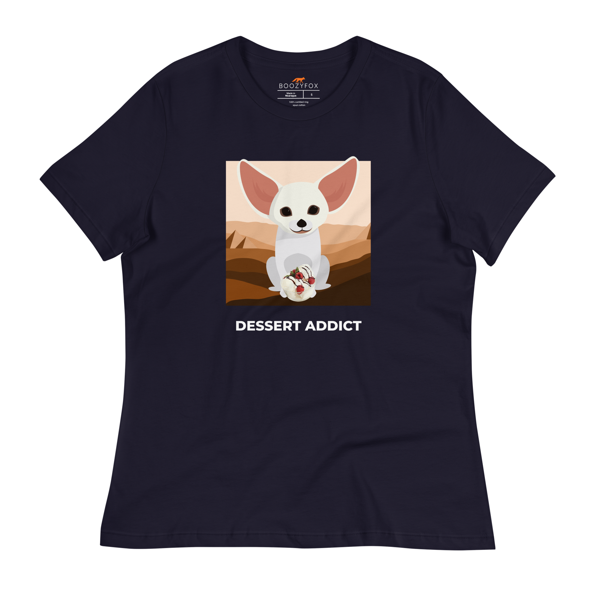 Women's relaxed navy Fennec Fox t-shirt featuring a cute Dessert Addict graphic on the chest - Women's Cute Graphic Fennec Fox Tees - Boozy Fox