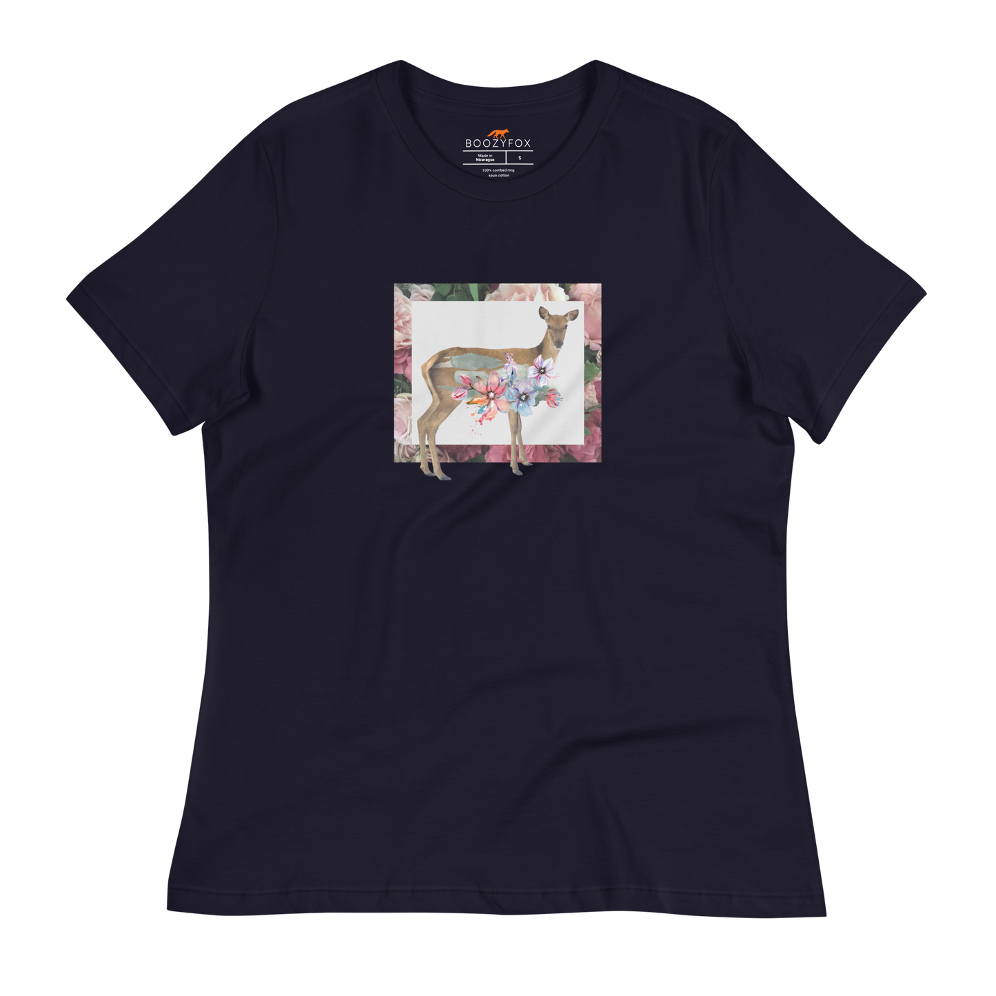 Women's relaxed navy Deer t-shirt featuring a captivating Floral Deer graphic on the chest - Women's Graphic Deer Tees - Boozy Fox