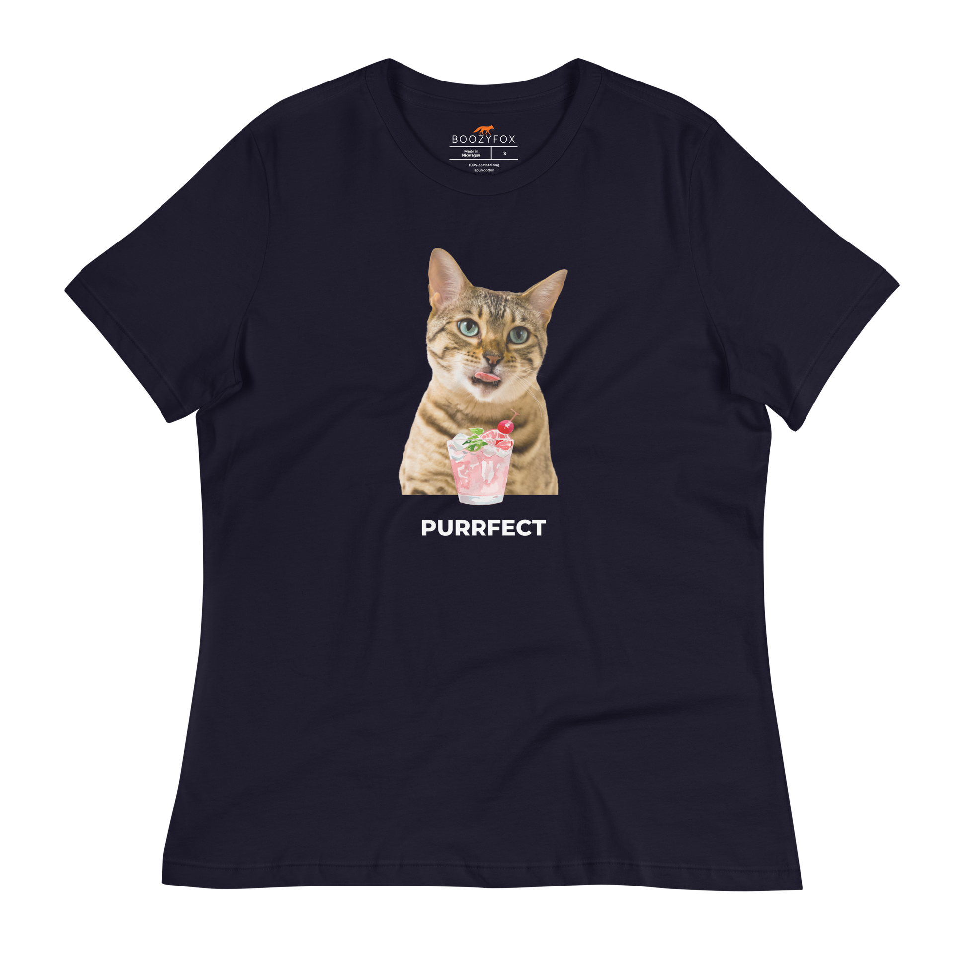 Women's relaxed navy cat t-shirt featuring a hilarious Purrfect graphic on the chest - Women's Funny Graphic Cat Tees - Boozy Fox