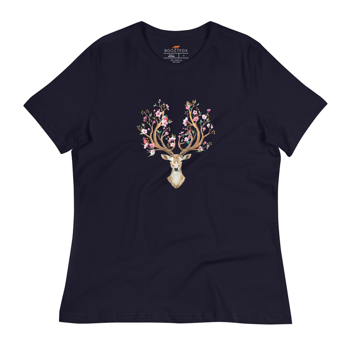 Women's relaxed navy Deer t-shirt featuring an eye-catching Floral Red Deer graphic on the chest - Women's Graphic Deer Tees - Boozy Fox