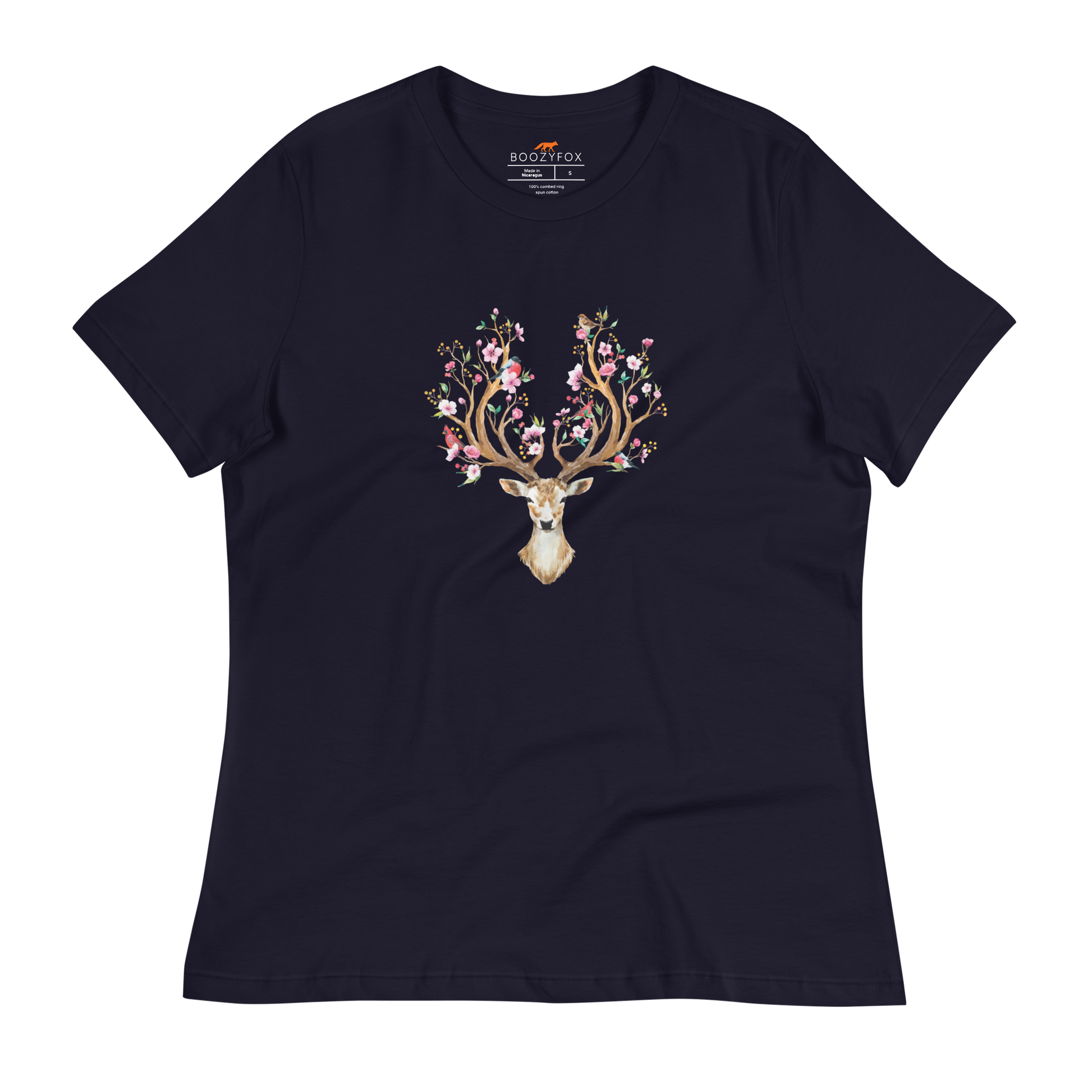 Women's relaxed navy Deer t-shirt featuring an eye-catching Floral Red Deer graphic on the chest - Women's Graphic Deer Tees - Boozy Fox