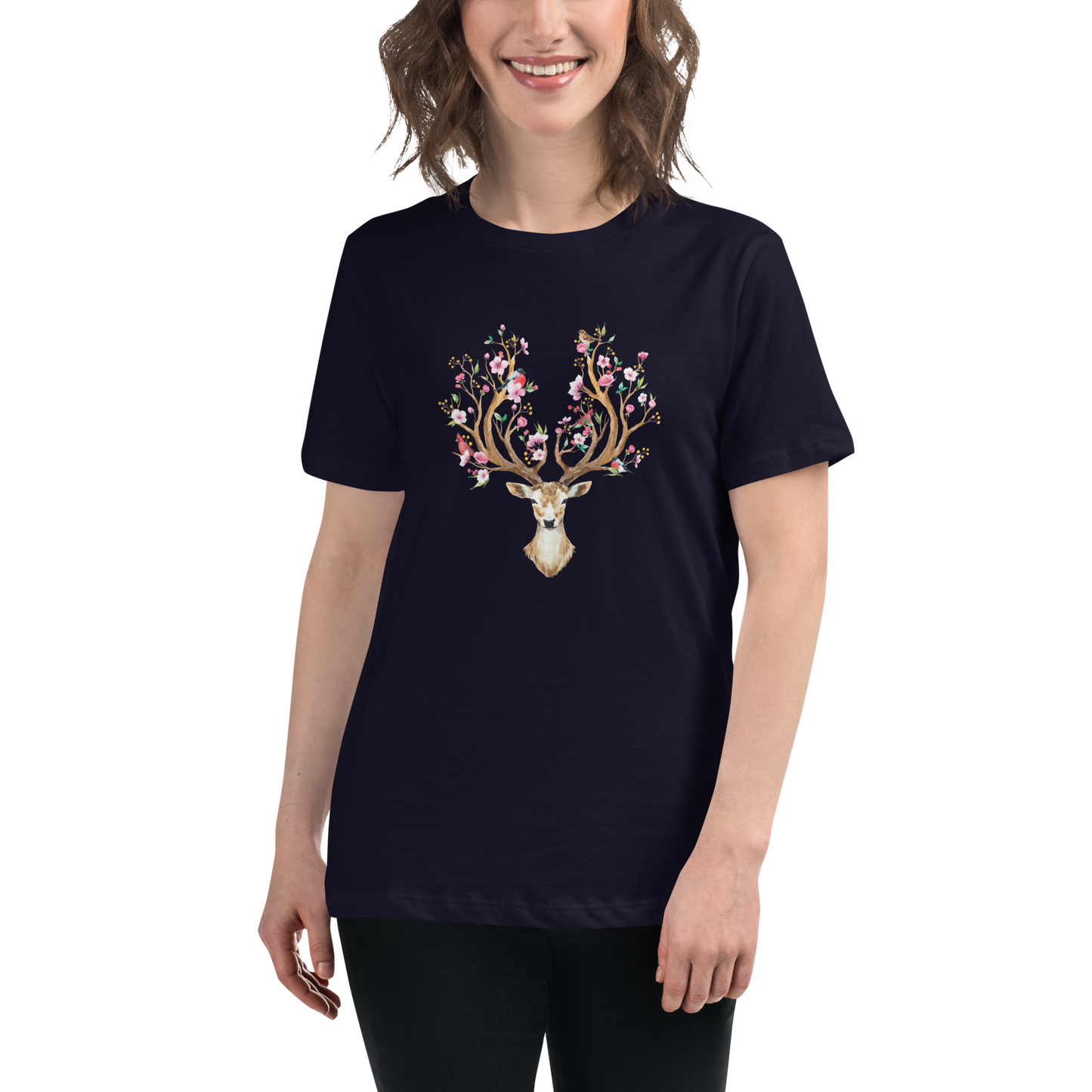 Smiling woman wearing a Women's relaxed navy Deer t-shirt featuring an eye-catching Floral Red Deer graphic on the chest - Women's Graphic Deer Tees - Boozy Fox
