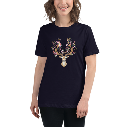 Smiling woman wearing a Women's relaxed navy Deer t-shirt featuring an eye-catching Floral Red Deer graphic on the chest - Women's Graphic Deer Tees - Boozy Fox