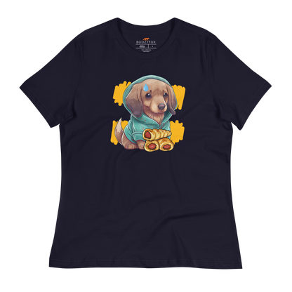 Women's relaxed navy Sausage Dog t-shirt featuring an adorable dachshund sausage dog graphic on the chest - Women's Cute Graphic Dachshund Tees - Boozy Fox
