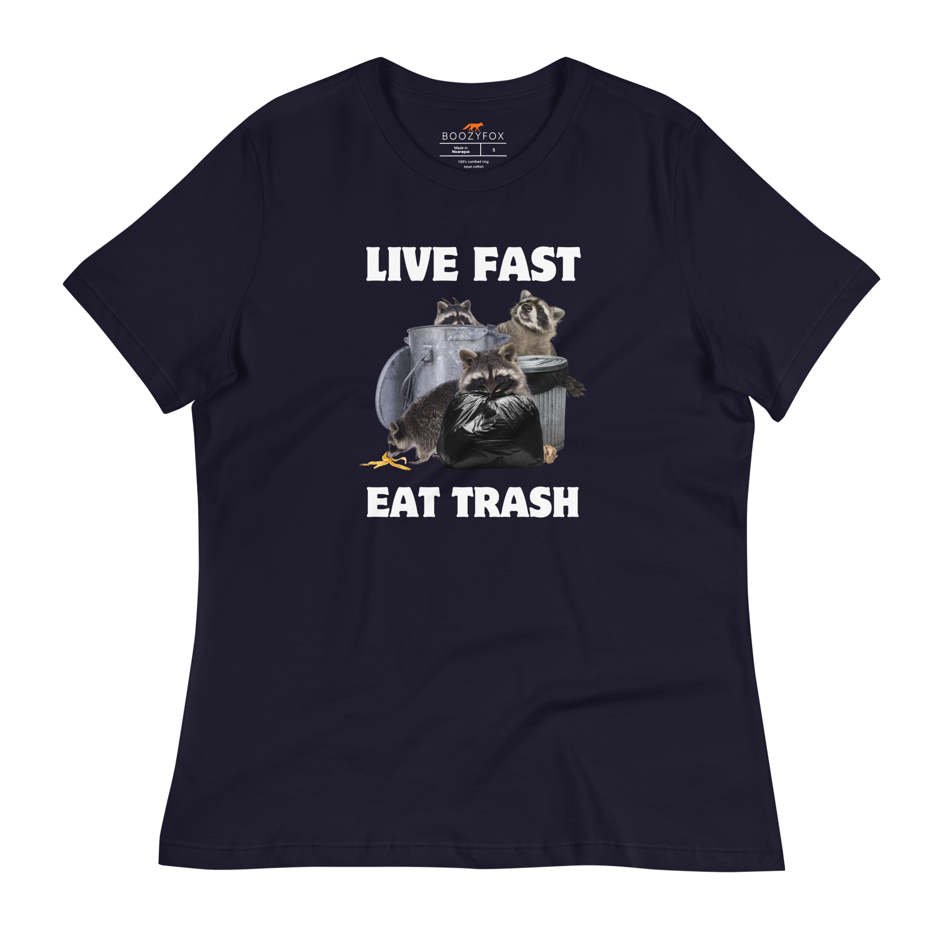 Women's Navy Raccoon T-Shirt featuring a hilarious Live Fast Eat Trash graphic on the chest - Women's Funny Graphic Raccoon Tees - Boozy Fox