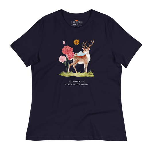 Women's Navy Summer Is a State of Mind T-Shirt featuring a Summer Is a State of Mind graphic on the chest - Women's Cute Graphic Summer Tees - Boozy Fox