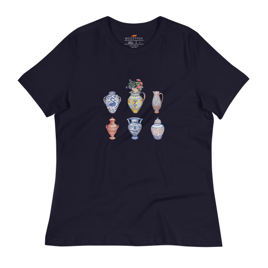 Women's relaxed navy Vase t-shirt featuring a chic vase graphic on the chest - Women's Artsy Graphic Vase Tees - Boozy Fox