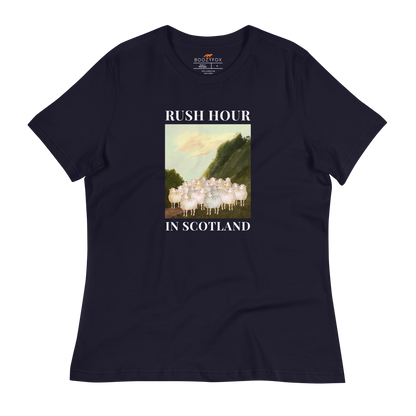 Women's Relaxed Navy Sheep T-Shirt featuring a comical Rush Hour In Scotland graphic on the chest - Artsy/Funny Graphic Sheep Tees - Boozy Fox