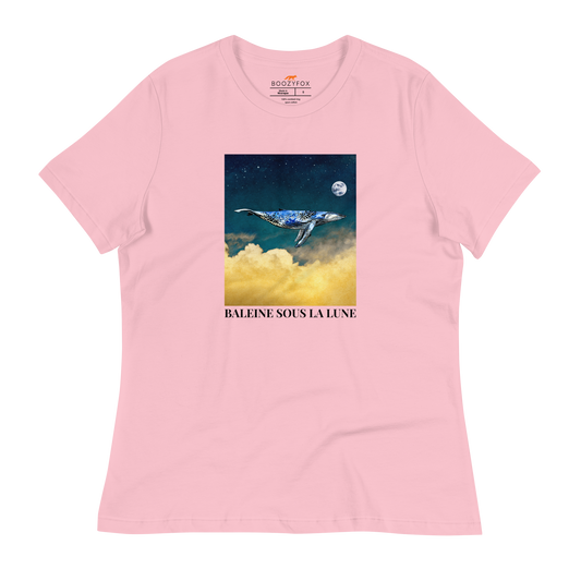 Women's relaxed pink whale t-shirt featuring a majestic Whale Under The Moon graphic on the chest - Women's Graphic Whale Tees - Boozy Fox