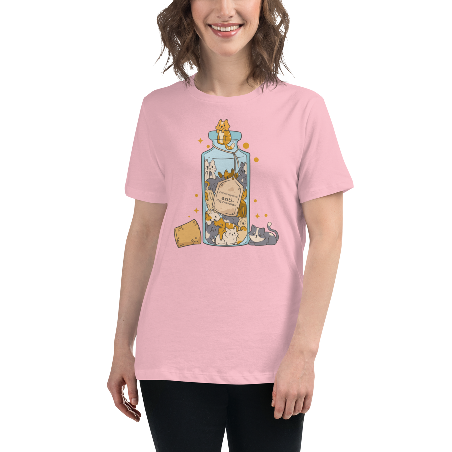 Smiling Woman Wearing a Women's relaxed Pink Cat t-shirt featuring a funny Anti-Depressants graphic on the chest - Women's Funny Graphic Cat Tees - Boozy Fox