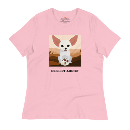 Women's relaxed pink Fennec Fox t-shirt featuring a cute Dessert Addict graphic on the chest - Women's Cute Graphic Fennec Fox Tees - Boozy Fox