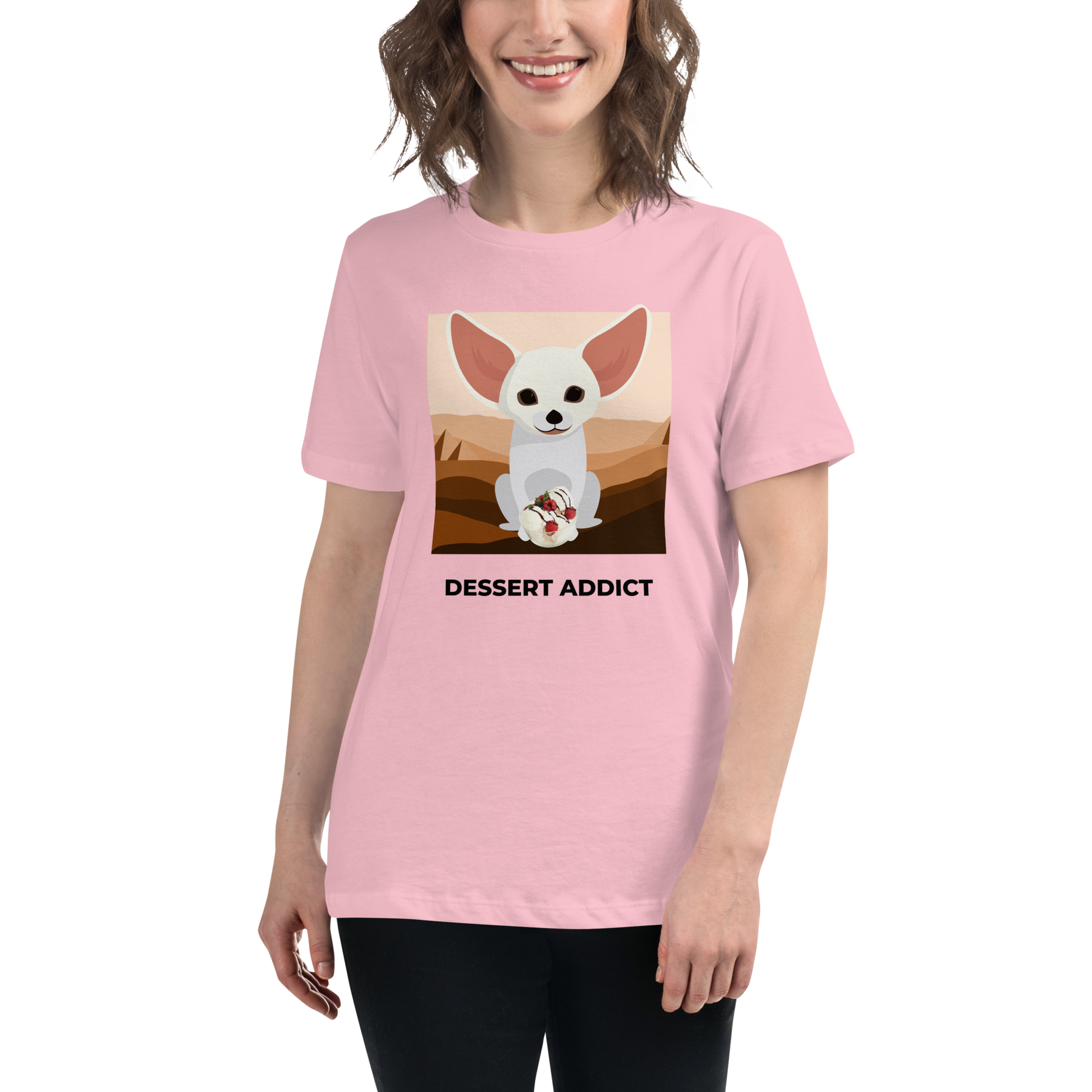 Smiling Woman Wearing a Women's relaxed pink Fennec Fox t-shirt featuring a cute Dessert Addict graphic on the chest - Women's Cute Graphic Fennec Fox Tees - Boozy Fox