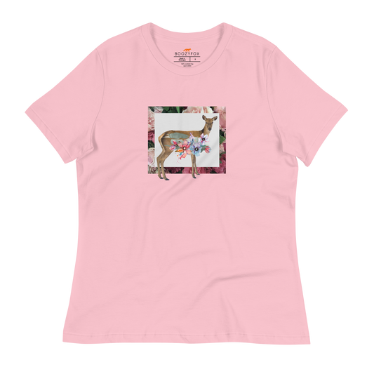 Women's relaxed pink Deer t-shirt featuring a captivating Floral Deer graphic on the chest - Women's Graphic Deer Tees - Boozy Fox