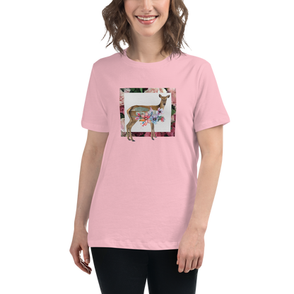 Smiling Woman Wearing a Women's relaxed pink Deer t-shirt featuring a captivating Floral Deer graphic on the chest - Women's Graphic Deer Tees - Boozy Fox