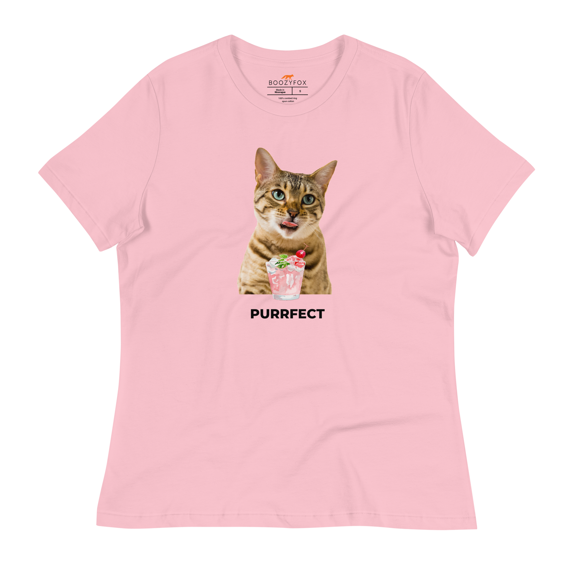 Women's relaxed pink cat t-shirt featuring a hilarious Purrfect graphic on the chest - Women's Funny Graphic Cat Tees - Boozy Fox