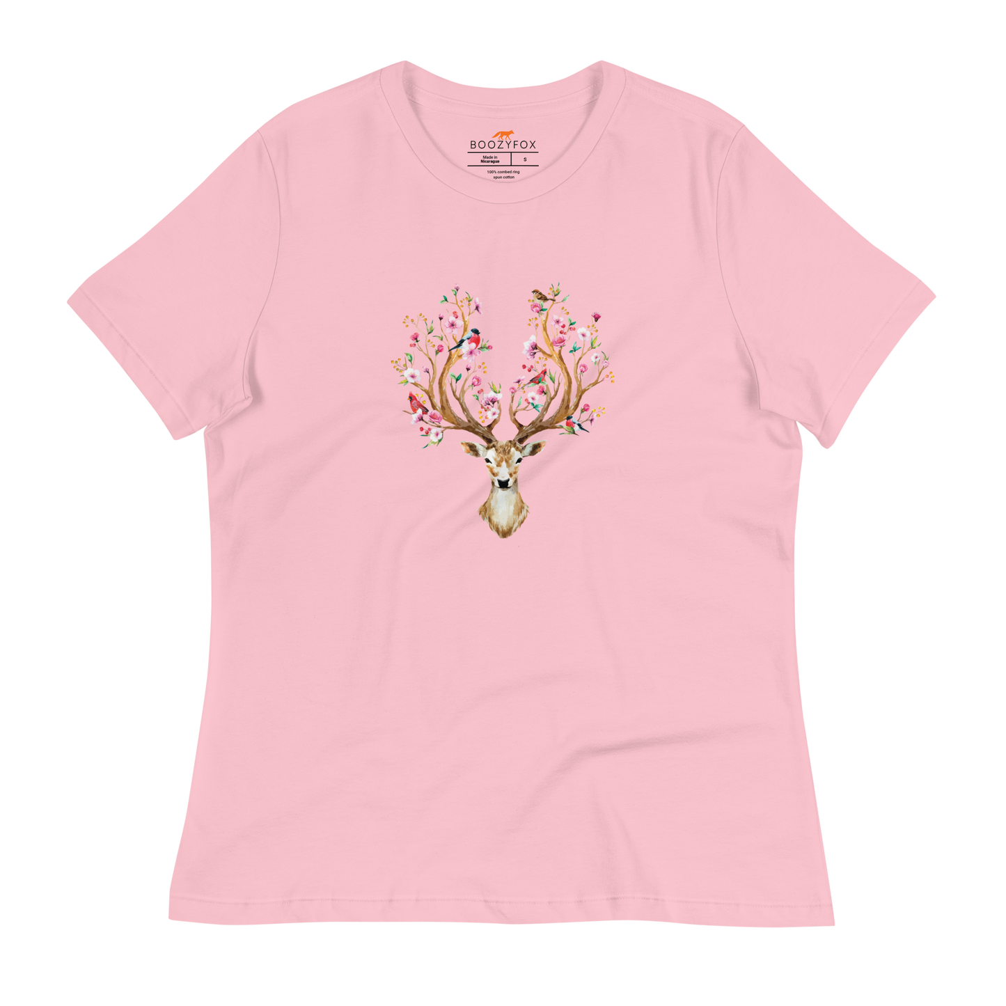 Women's relaxed pink Deer t-shirt featuring an eye-catching Floral Red Deer graphic on the chest - Women's Graphic Deer Tees - Boozy Fox