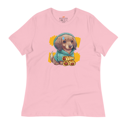 Women's relaxed pink Sausage Dog t-shirt featuring an adorable dachshund sausage dog graphic on the chest - Women's Cute Graphic Dachshund Tees - Boozy Fox