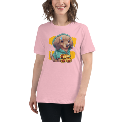 Smiling woman wearing a Women's relaxed pink Sausage Dog t-shirt featuring an adorable dachshund sausage dog graphic on the chest - Women's Cute Graphic Dachshund Tees - Boozy Fox