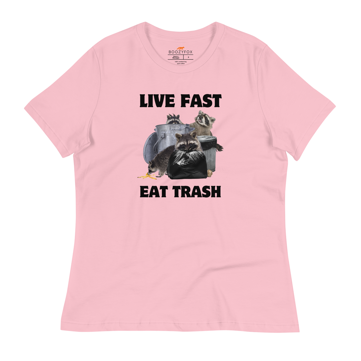 Women's Pink Raccoon T-Shirt featuring a hilarious Live Fast Eat Trash graphic on the chest - Women's Funny Graphic Raccoon Tees - Boozy Fox