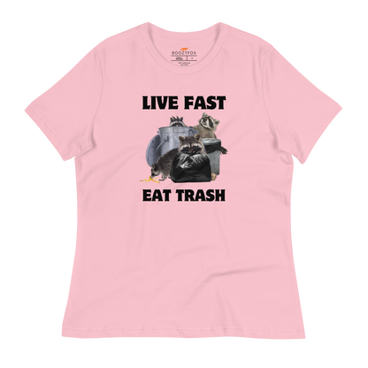 Women's Pink Raccoon T-Shirt featuring a hilarious Live Fast Eat Trash graphic on the chest - Women's Funny Graphic Raccoon Tees - Boozy Fox