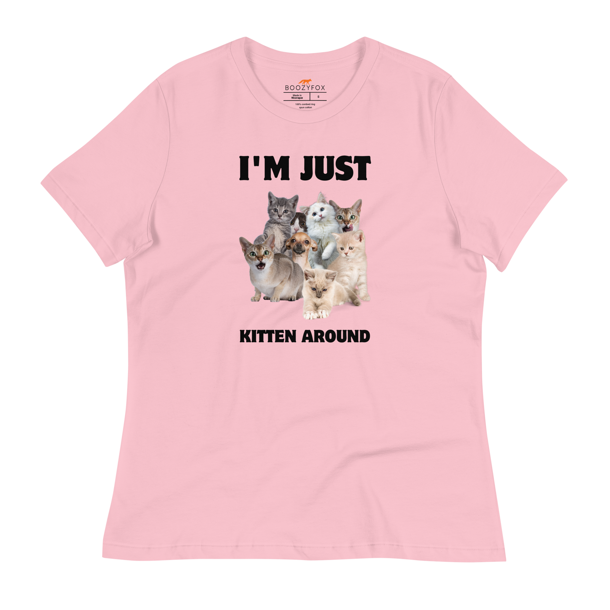 Women's Relaxed Pink Cat T-Shirt featuring an I'm Just Kitten Around graphic on the chest - Funny Graphic Cat Tees - Boozy Fox