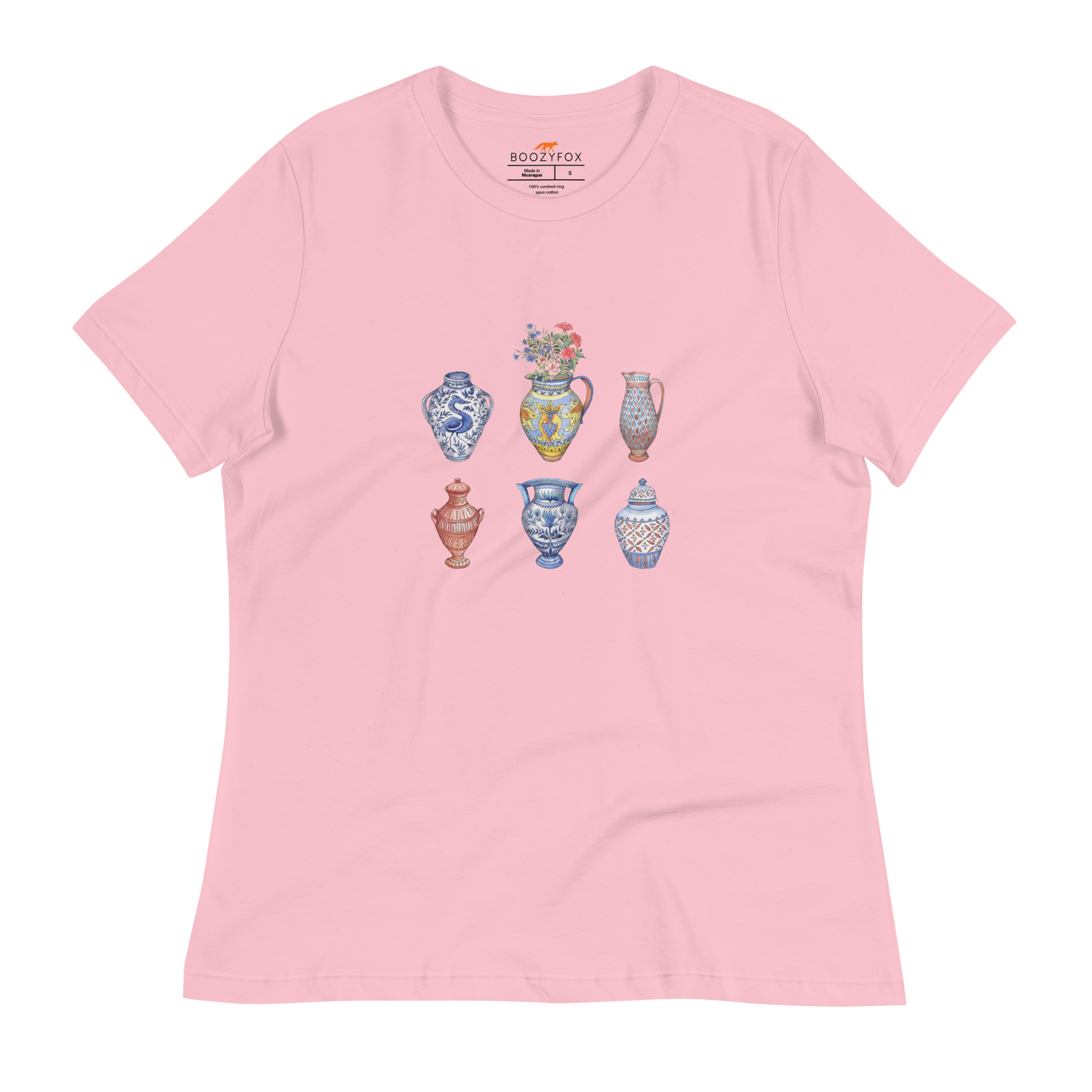 Women's relaxed pink Vase t-shirt featuring a chic vase graphic on the chest - Women's Artsy Graphic Vase Tees - Boozy Fox
