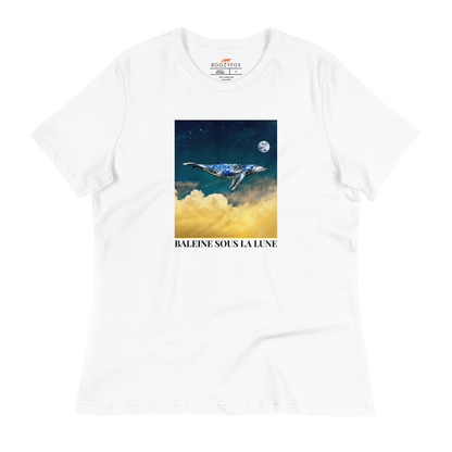 Women's relaxed white whale t-shirt featuring a majestic Whale Under The Moon graphic on the chest - Women's Graphic Whale Tees - Boozy Fox