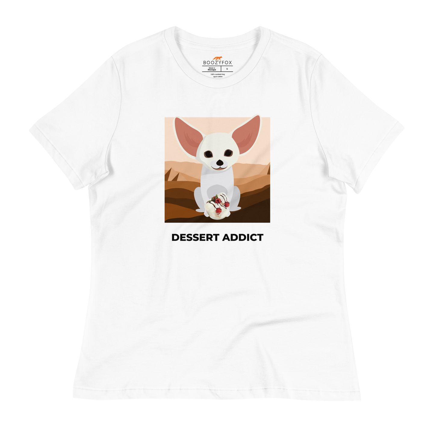 Women's relaxed white Fennec Fox t-shirt featuring a cute Dessert Addict graphic on the chest - Women's Cute Graphic Fennec Fox Tees - Boozy Fox