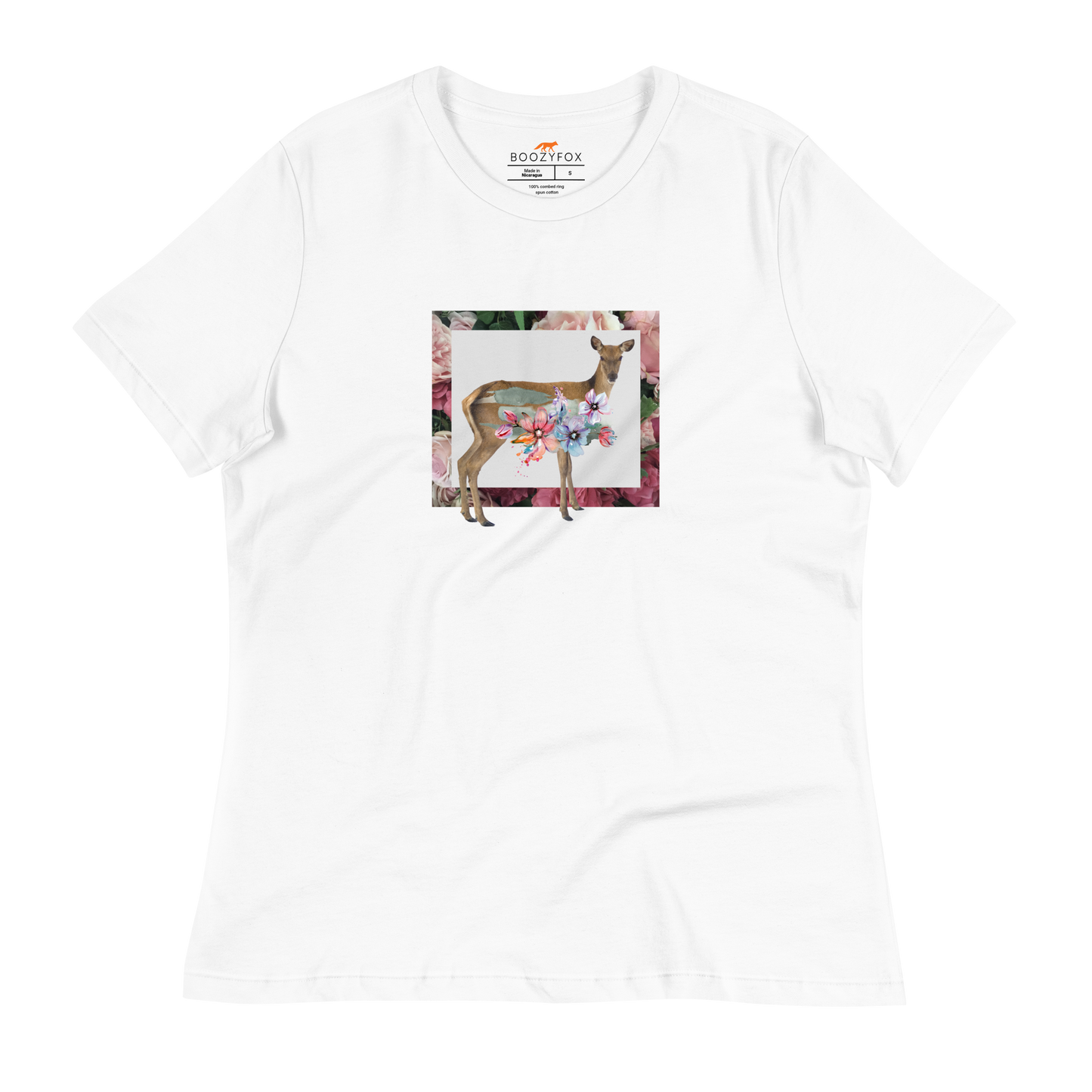 Women's relaxed white Deer t-shirt featuring a captivating Floral Deer graphic on the chest - Women's Graphic Deer Tees - Boozy Fox