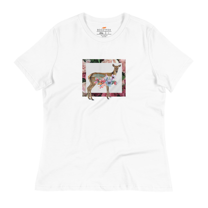 Women's relaxed white Deer t-shirt featuring a captivating Floral Deer graphic on the chest - Women's Graphic Deer Tees - Boozy Fox