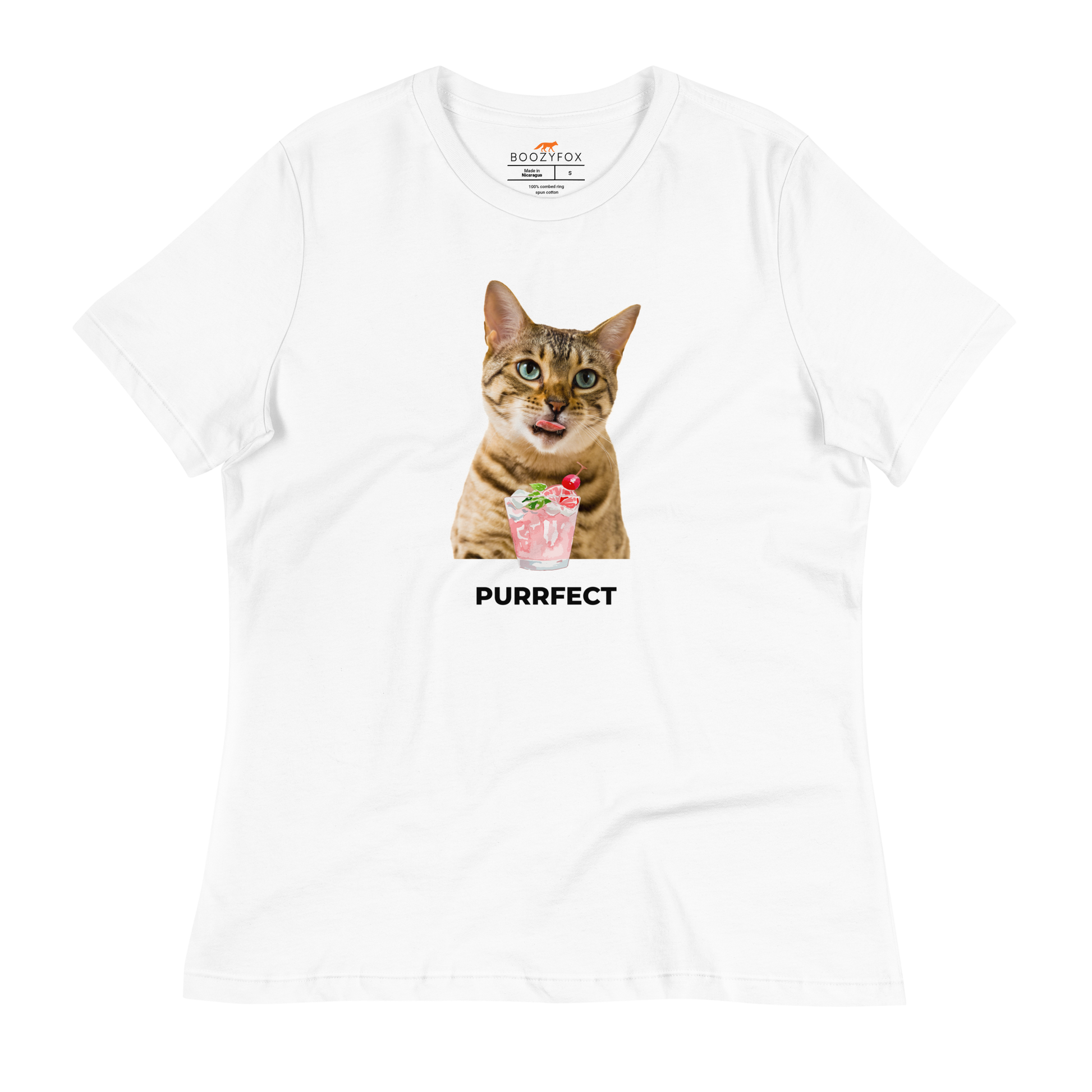 Women's relaxed white cat t-shirt featuring a hilarious Purrfect graphic on the chest - Women's Funny Graphic Cat Tees - Boozy Fox
