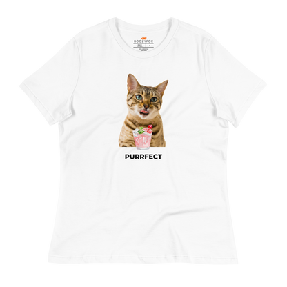 Women's relaxed white cat t-shirt featuring a hilarious Purrfect graphic on the chest - Women's Funny Graphic Cat Tees - Boozy Fox