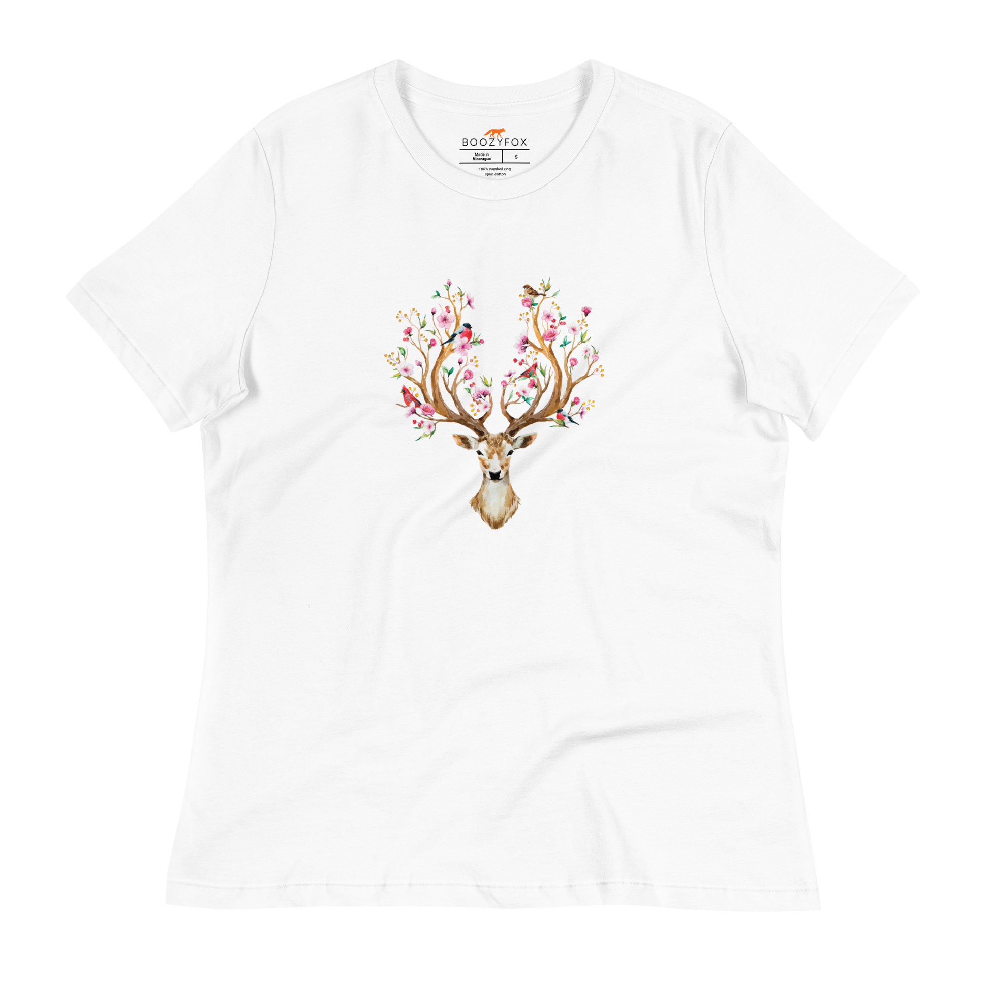 Women's relaxed white Deer t-shirt featuring an eye-catching Floral Red Deer graphic on the chest - Women's Graphic Deer Tees - Boozy Fox