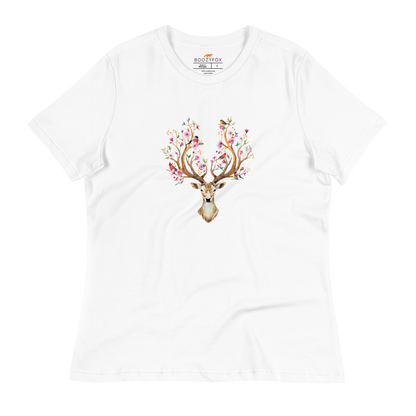 Women's relaxed white Deer t-shirt featuring an eye-catching Floral Red Deer graphic on the chest - Women's Graphic Deer Tees - Boozy Fox