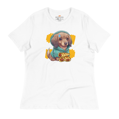 Women's relaxed white Sausage Dog t-shirt featuring an adorable dachshund sausage dog graphic on the chest - Women's Cute Graphic Dachshund Tees - Boozy Fox