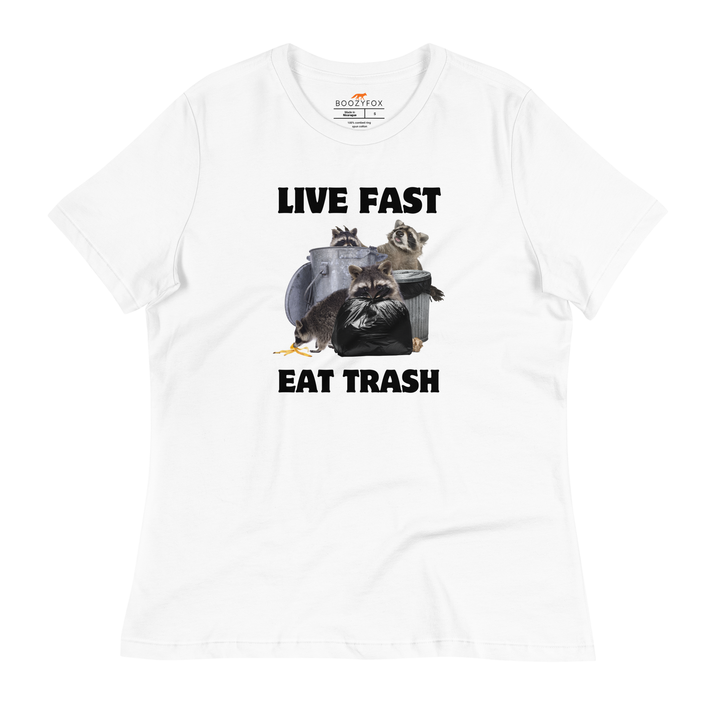 Women's White Raccoon T-Shirt featuring a hilarious Live Fast Eat Trash graphic on the chest - Women's Funny Graphic Raccoon Tees - Boozy Fox