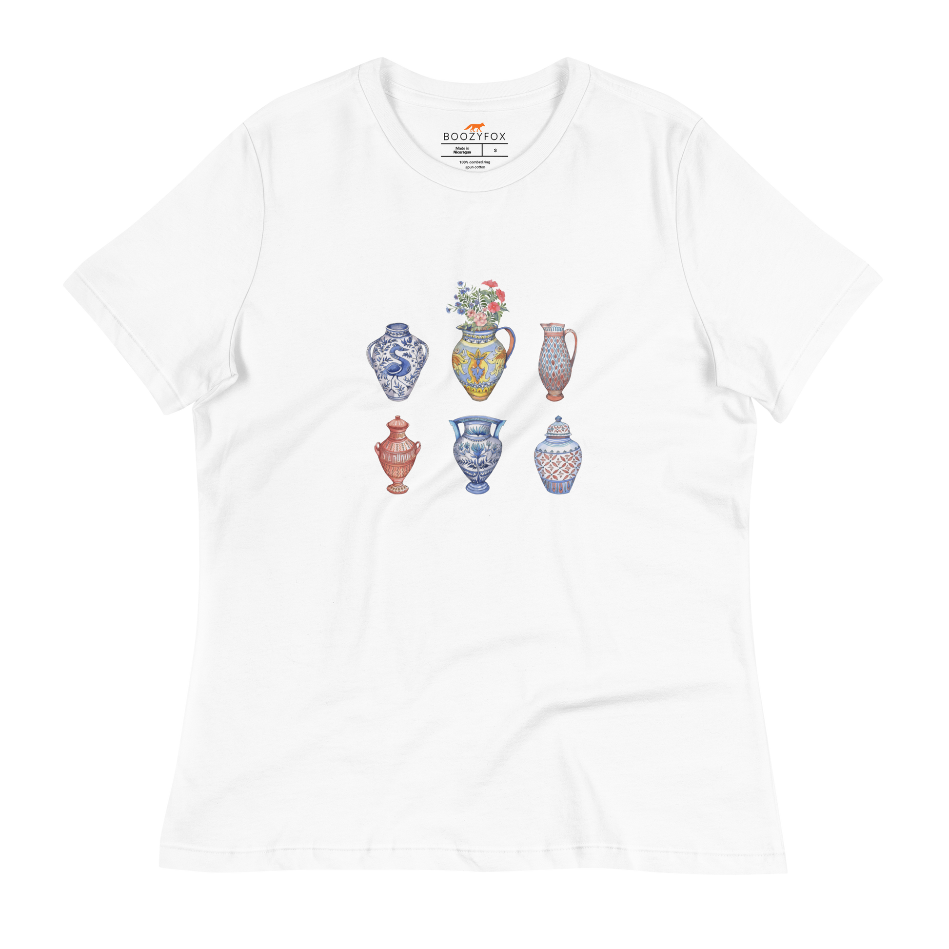 Women's relaxed white Vase t-shirt featuring a chic vase graphic on the chest - Women's Artsy Graphic Vase Tees - Boozy Fox