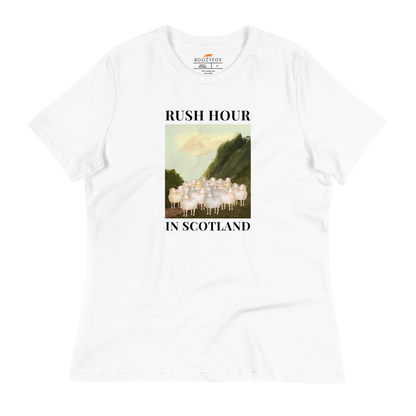 Women's Relaxed White Sheep T-Shirt featuring a comical Rush Hour In Scotland graphic on the chest - Artsy/Funny Graphic Sheep Tees - Boozy Fox