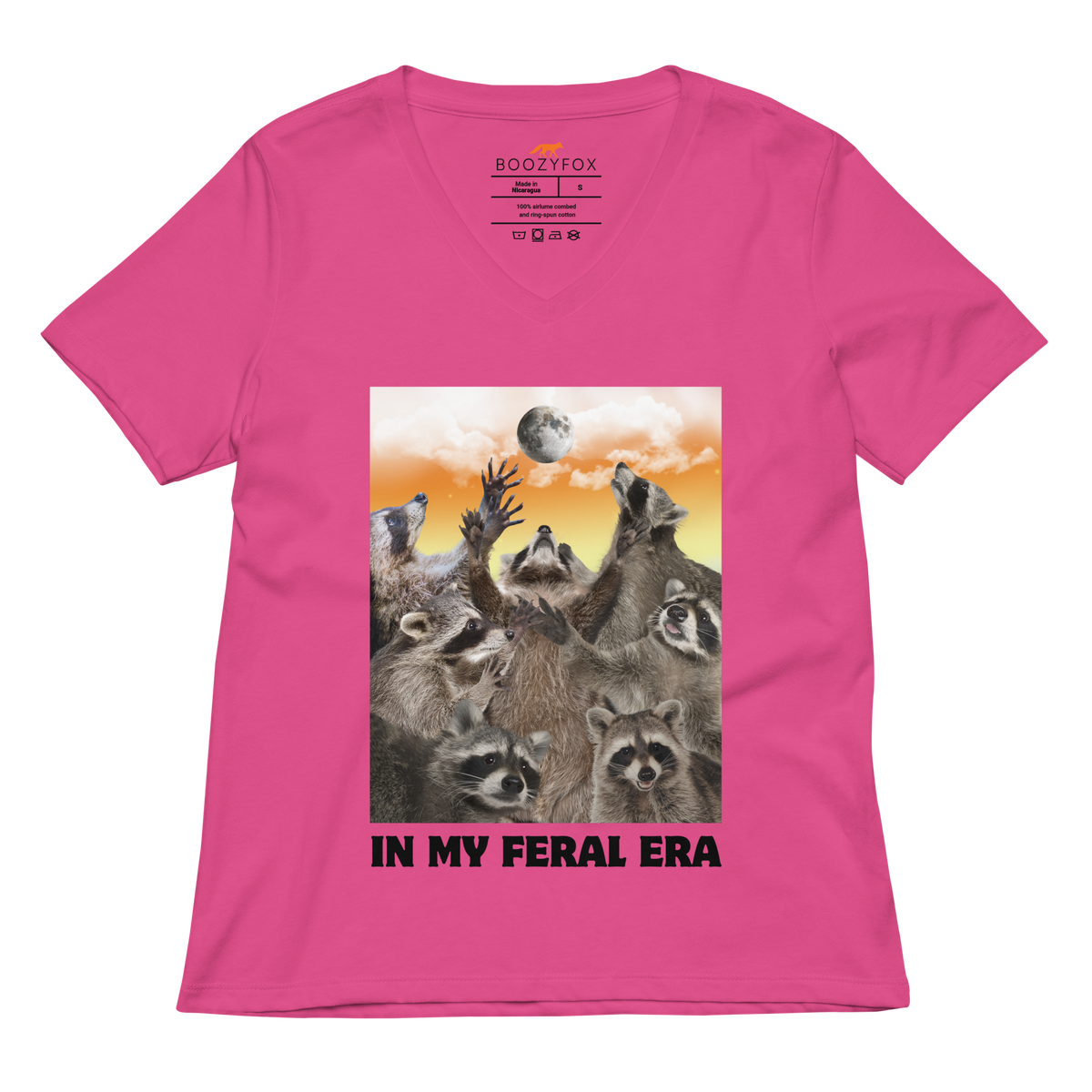 Funny In My Feral Era Raccoon women's graphic v-neck t-shirt in berry by Boozy Fox