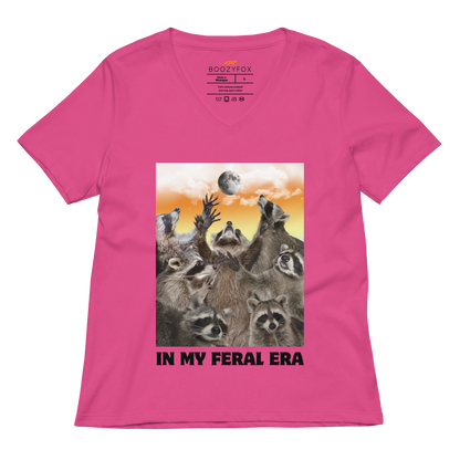 Funny In My Feral Era Raccoon women's graphic v-neck t-shirt in berry by Boozy Fox