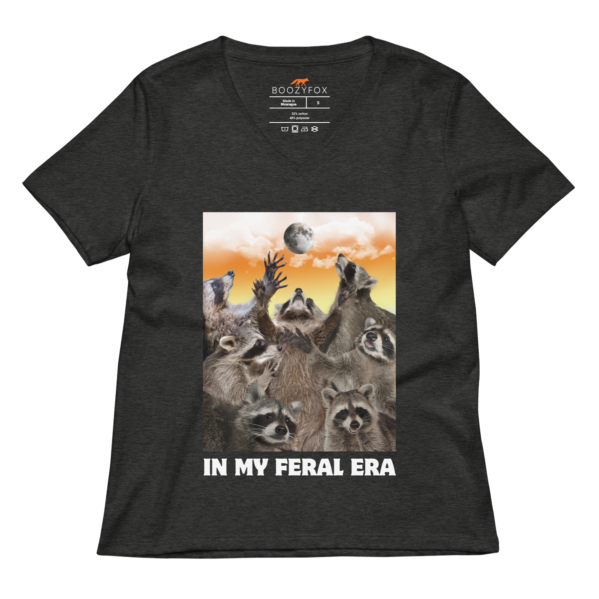 Funny In My Feral Era Raccoon women's graphic v-neck t-shirt in dark grey heather by Boozy Fox