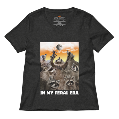 Funny In My Feral Era Raccoon women's graphic v-neck t-shirt in dark grey heather by Boozy Fox