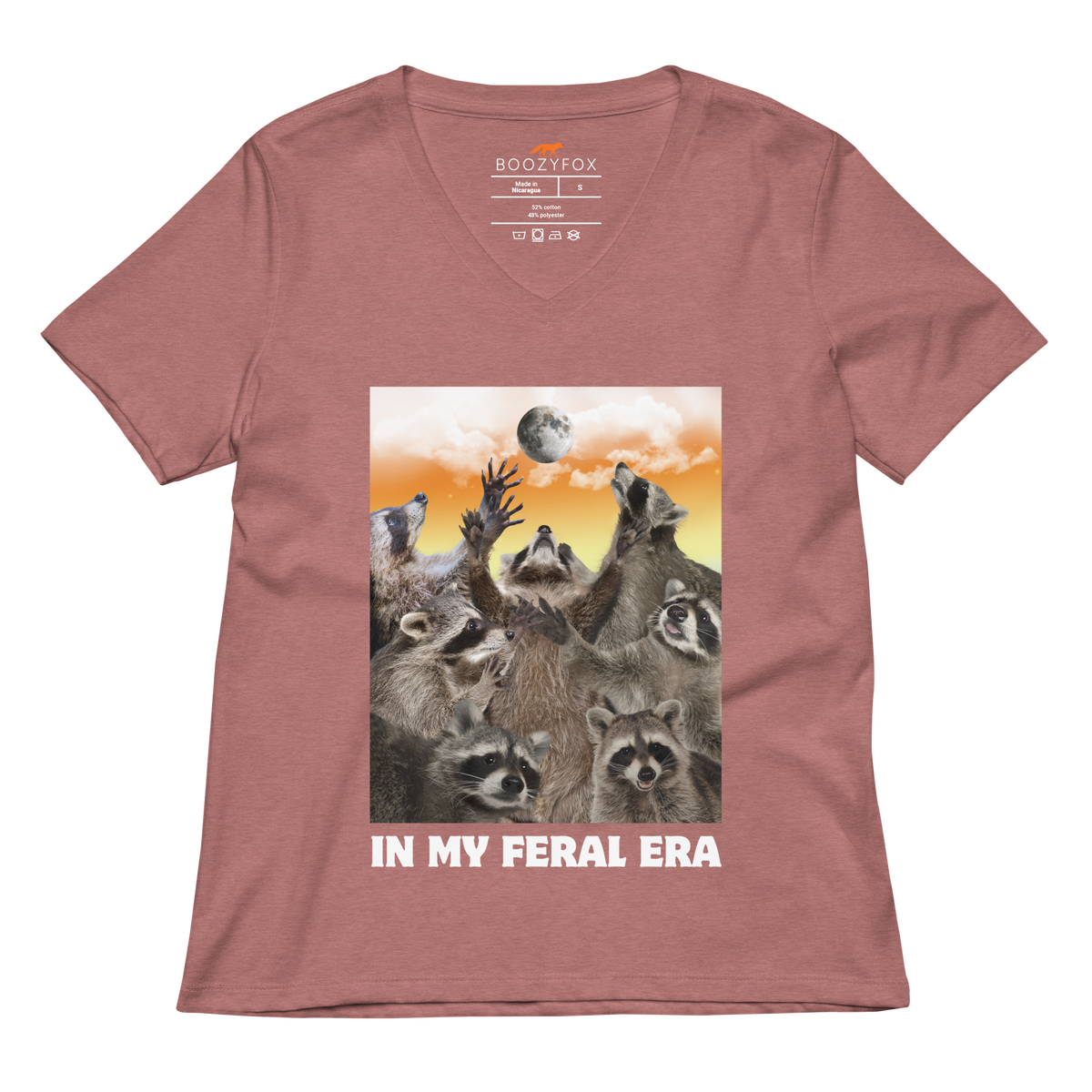 Funny In My Feral Era Raccoon women's graphic v-neck t-shirt in heather mauve by Boozy Fox