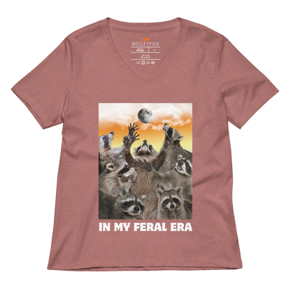 Funny In My Feral Era Raccoon women's graphic v-neck t-shirt in heather mauve by Boozy Fox