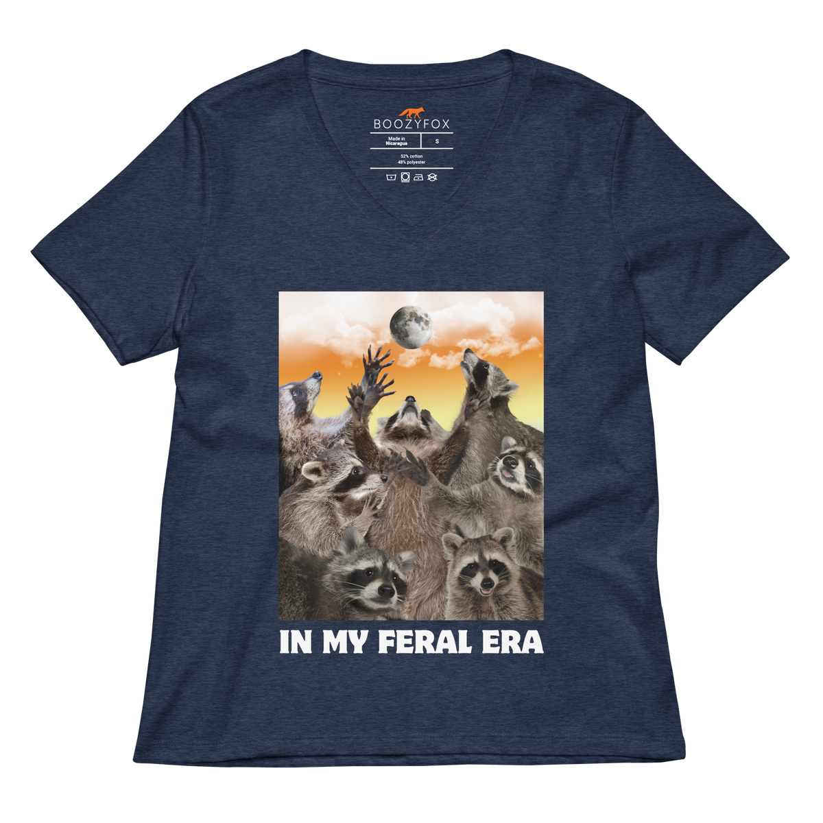 Funny In My Feral Era Raccoon women's graphic v-neck t-shirt in heather navy by Boozy Fox