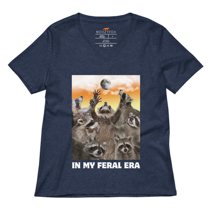 Funny In My Feral Era Raccoon women's graphic v-neck t-shirt in heather navy by Boozy Fox